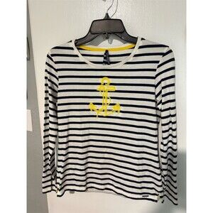 Saint James Long Sleeve Tee Women’s Sz 4 Navy White Striped Sequin Anchor